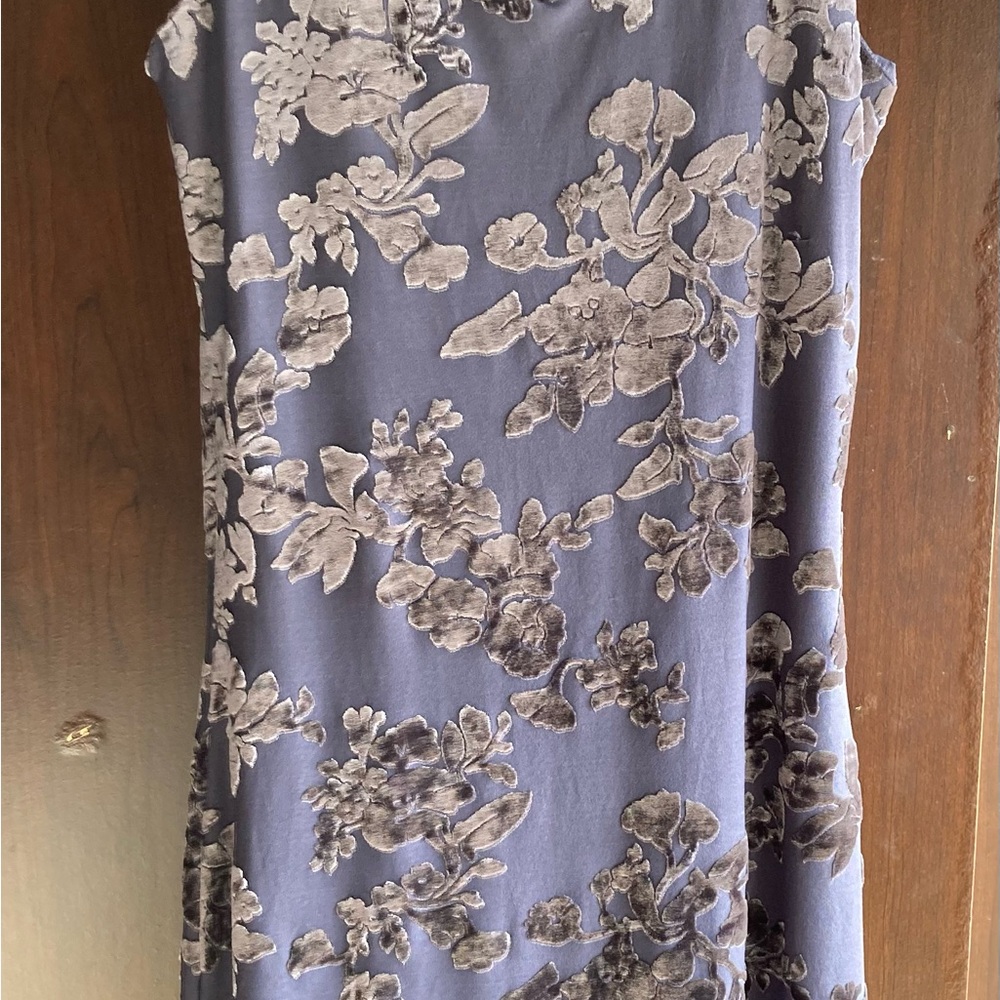 Pola grey blue cocktail dress with black velvet floral appliqué